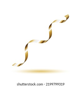 Decorative gold curling ribbon element. Christmas, New year, Birthday, Valentine's, Wedding, Holiday or Event decoration.  Isolated on white background with shadow. Realistic vector illustration.