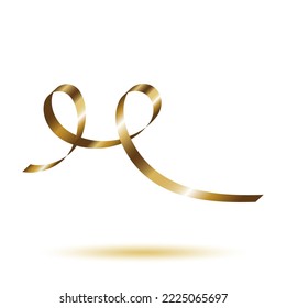 Decorative gold curling ribbon element. Christmas, New year, Birthday, Valentine's, Wedding, Holiday or Event decoration.  Isolated on white background with shadow. Realistic vector illustration.