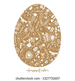 Decorative gold Easter card with Easter egg. Rabbits, flowers, chicken, chickens and polka dots.
