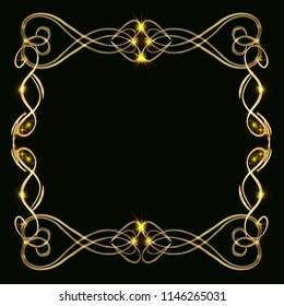 Decorative gold frame with gold elements, on a dark background, for invitation cards, wedding card decor, blank for the cover design