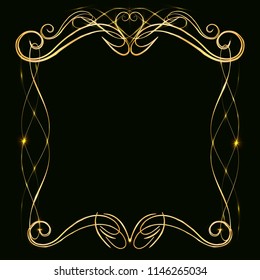 Decorative gold frame with gold elements, on a dark background, for invitation cards, wedding card decor, blank for the cover design