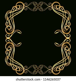 Decorative gold frame with gold elements, on a dark background, for invitation cards, wedding card decor, blank for the cover design