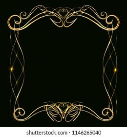 Decorative gold frame with gold elements, on a dark background, for invitation cards, wedding card decor, blank for the cover design