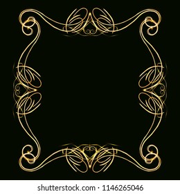 Decorative gold frame with gold elements, on a dark background, for invitation cards, wedding card decor, blank for the cover design