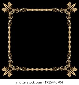 Decorative gold frame on black background. Baroque relief pattern. Space for custom text, such as announcement, invitation. Elegant luxury design. Richly decorated corners of the frame. Vector design