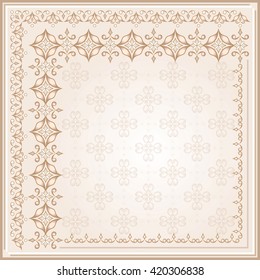 Decorative gold frame on a light beige. Ornate element for design and place for text. Ornamental lace pattern for wedding invitations and greeting cards. Traditional floral decor.