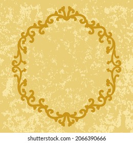 Decorative gold frame on vintage background. Postcard or wedding invitation. Circular oriental ornament. Patterned border, vector design element.