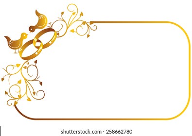 Decorative gold frame with wedding rings and birds