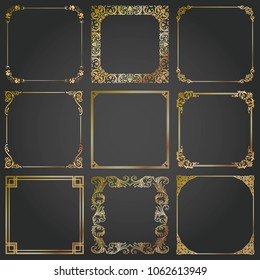 Decorative gold frames and borders square backgrounds vintage design elements set 