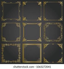 Decorative gold frames and borders square backgrounds vintage design elements set 