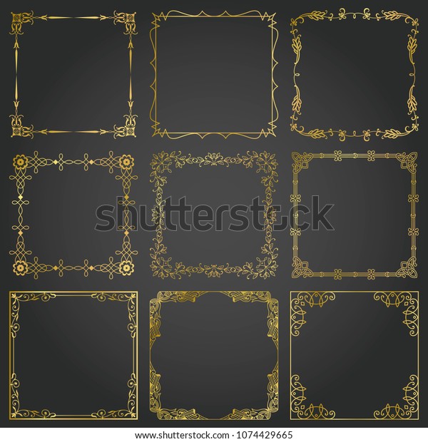 Decorative gold frames and borders square
backgrounds vintage design elements set
