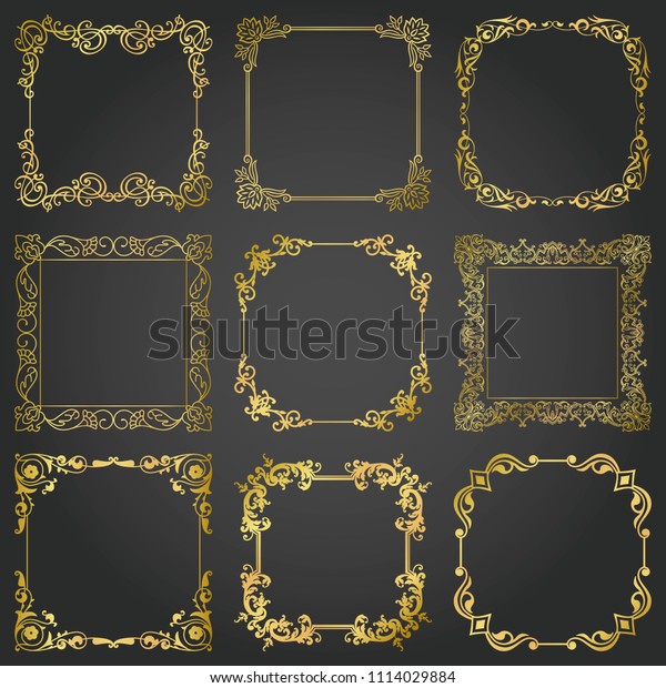 Decorative gold frames and borders square\
backgrounds vintage design elements set\
