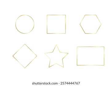 Decorative gold frames different forms for note text. Vintage rectangle, circle, square, rhombus, star shape. Highlight and underline text box decorative. Golden line border set. Vector on isolated ba