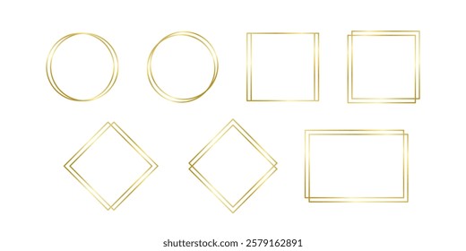 Decorative gold frames different forms for note text, line set. Vintage rectangle, circle, square shape. Highlight and underline text box decorative. Golden line border. Vector on isolated background