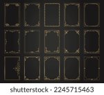 Decorative gold frames. Retro ornamental frame, vintage rectangle ornaments and ornate border. Decorative wedding frames, invitation card, antique museum image borders. Isolated vector icons set