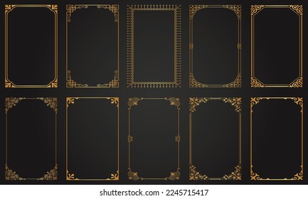 Decorative gold frames. Retro ornamental frame, vintage rectangle ornaments and ornate border. Decorative wedding frames, invitation card, antique museum image borders. Isolated vector icons set