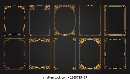 Decorative gold frames. Retro ornamental frame, vintage rectangle ornaments and ornate border. Decorative wedding frames, invitation card, antique museum image borders. Isolated vector icons set