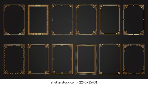 Decorative gold frames. Retro ornamental frame, vintage rectangle ornaments and ornate border. Decorative wedding frames, invitation card, antique museum image borders. Isolated vector icons set