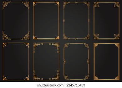 Decorative gold frames. Retro ornamental frame, vintage rectangle ornaments and ornate border. Decorative wedding frames, invitation card, antique museum image borders. Isolated vector icons set