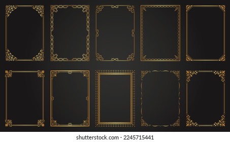 Decorative gold frames. Retro ornamental frame, vintage rectangle ornaments and ornate border. Decorative wedding frames, invitation card, antique museum image borders. Isolated vector icons set