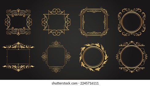 Decorative gold frames. Retro ornamental frame, vintage square ornaments and ornate border. Decorative wedding frames, invitation card, antique museum image borders. Isolated vector icons set