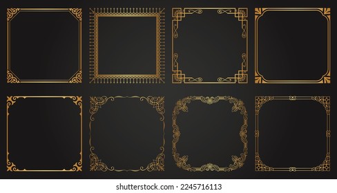 Decorative gold frames. Retro ornamental frame, vintage square ornaments and ornate border. Decorative wedding frames, invitation card, antique museum image borders. Isolated vector icons set