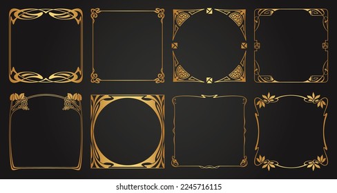 Marco dorado decorativo. Marco ornamental retro, adornos cuadrados vintage y borde ornamental. Marcos decorativos de bodas, tarjeta de invitación, bordes antiguos de imágenes del museo. Conjunto de iconos vectoriales aislados