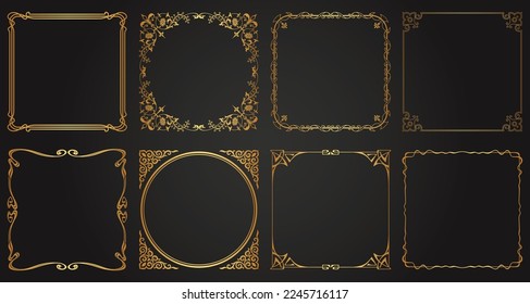 Decorative gold frames. Retro ornamental frame, vintage square ornaments and ornate border. Decorative wedding frames, invitation card, antique museum image borders. Isolated vector icons set