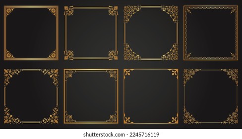 Decorative gold frames. Retro ornamental frame, vintage square ornaments and ornate border. Decorative wedding frames, invitation card, antique museum image borders. Isolated vector icons set