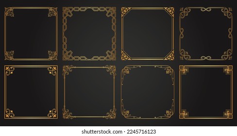 Marco dorado decorativo. Marco ornamental retro, adornos cuadrados vintage y borde ornamental. Marcos decorativos de bodas, tarjeta de invitación, bordes antiguos de imágenes del museo. Conjunto de iconos vectoriales aislados