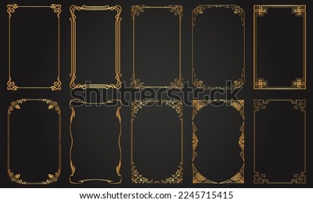 Decorative gold frames. Retro ornamental frame, vintage rectangle ornaments and ornate border. Decorative wedding frames, invitation card, antique museum image borders. Isolated vector icons set