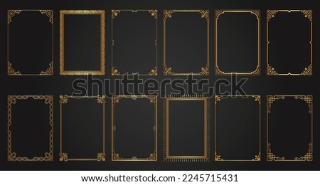 Decorative gold frames. Retro ornamental frame, vintage rectangle ornaments and ornate border. Decorative wedding frames, invitation card, antique museum image borders. Isolated vector icons set