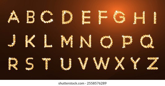 Decorative gold glitter font for creating invitation and greeting designs. Isolated objects on a theme background. Vector illustration. Capital letters for celebrations and festive events.