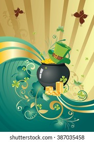 Decorative gold and green design with shamrock for St Patricks Day, holiday background.