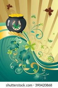 Decorative gold and green design with shamrock for St Patricks Day, holiday background.