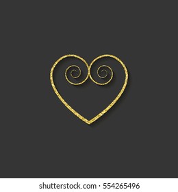 decorative gold heart icon. glitter logo, love symbol on a black background. use in decoration, design as the emblem. vector illustration.