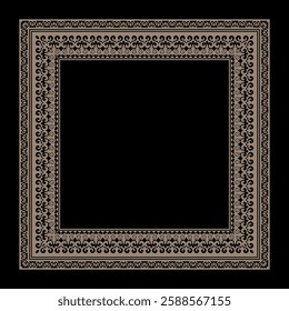 Decorative gold Islamic Asian Kazakh square frame with abstract pattern on a black background. Square frame. Template for laser cutting, printing card, invitation, textiles, engraving, forging. Vector