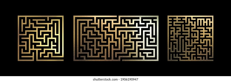 Decorative Gold Mazes Set. Metallic Foil Labyrinth