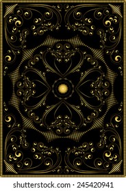 Decorative gold oriental pattern on a black background.