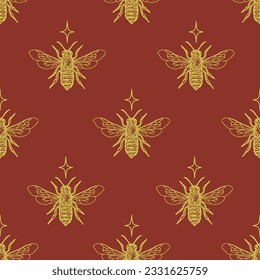 Decorative gold red pattern with monochrome honey bee and star