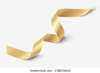 Decorative gold ribbon with shadow isolated on gray. Christmas and new year holiday decoration. Vector illustration.Top view