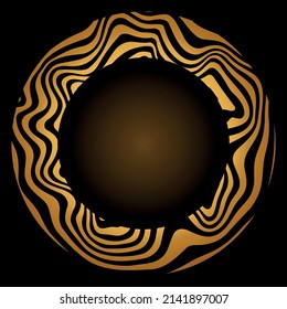 Decorative gold round border with abstract swirl element. Trendy vintage golden frame with modern ornament. Ethnic tribal rounded pattern in form of mandala. Copy space. Vector illustration.