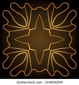Borde dorado y redondeado decorativo con elementos abstractos modernos. Marco dorado vintage a la moda con adorno de encaje. Motivo étnico, patrón tribal redondeado en forma de mandala. Copiar espacio. Ilustración vectorial.