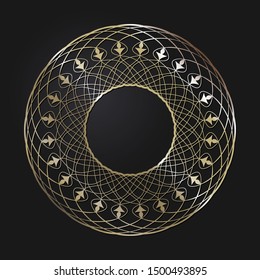 Decorative gold round frame with abstract floral ornament. Circular frame. Elegant element for design. Vector.