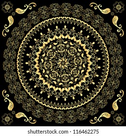 Decorative gold round frame with birds on black (vector)
