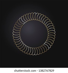 Decorative gold round frame for design with a abstract geometrical ornament. Circle frame. Elegant element for printing of cards, invitations, books, for textiles, engraving, forging. Vector.