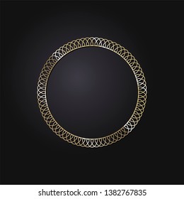 Decorative gold round frame for design with a abstract geometrical ornament. Circle frame. Elegant element for printing of cards, invitations, books, for textiles, engraving, forging. Vector.