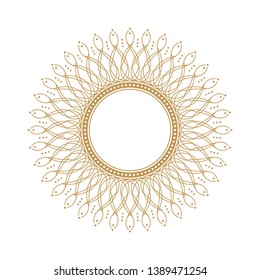 Decorative gold round frame for design with a abstract geometrical ornament. Circle frame. Elegant element for printing of cards, invitations, books, for textiles, engraving, forging. Vector.