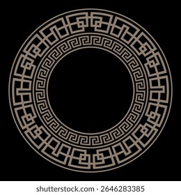 Decorative gold round frame for design with Greek key, meander. Egyptian, Assyrian, Greek motif circular frame. Circle frame. Template for textiles, engraving, forging, embroidery, porcelain