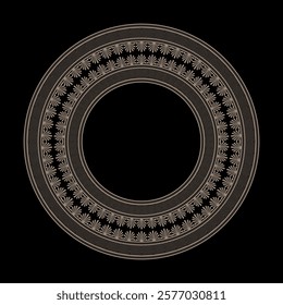 Decorative gold round frame with floral pattern on black background. Vintage gold round frame. Pattern of lotus flowers. Circle ornament ancient Africa. Border, frame, ring of Roman Empire. For print